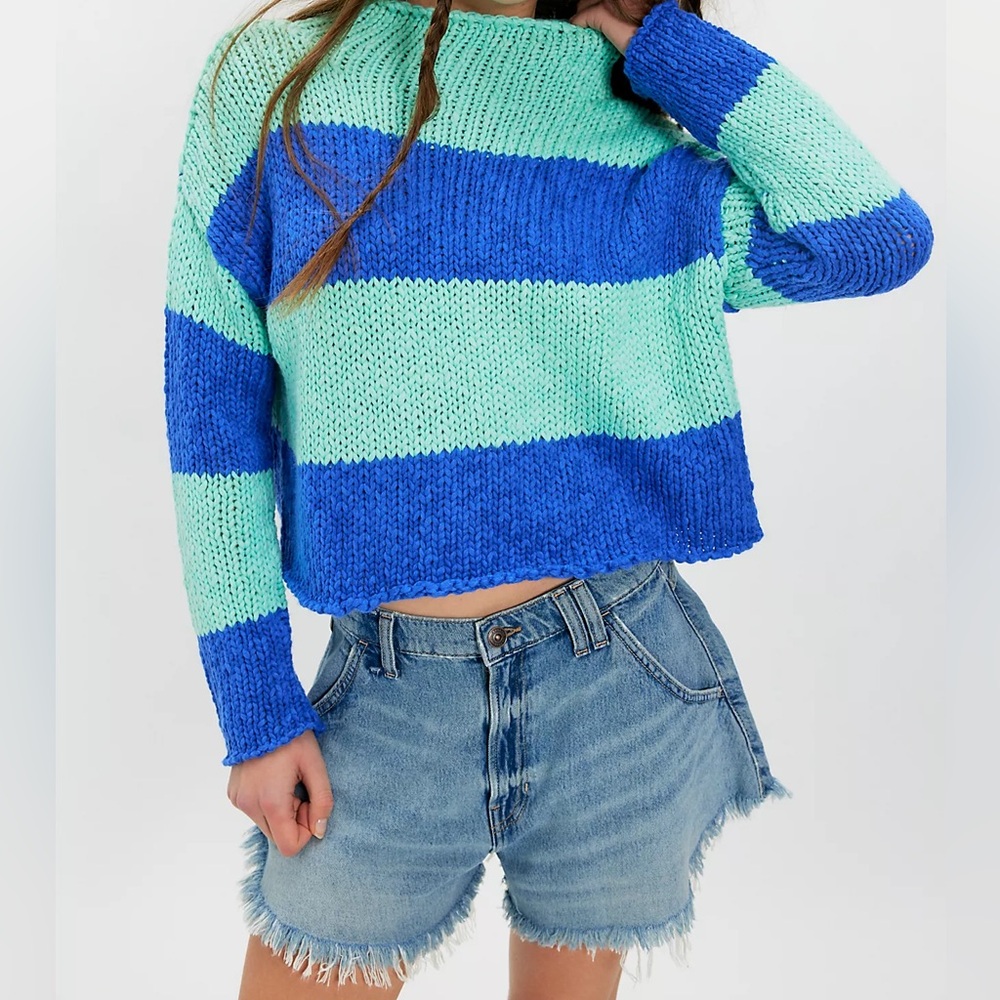 Free People Striped Cropped Sweater in Blue & Mint